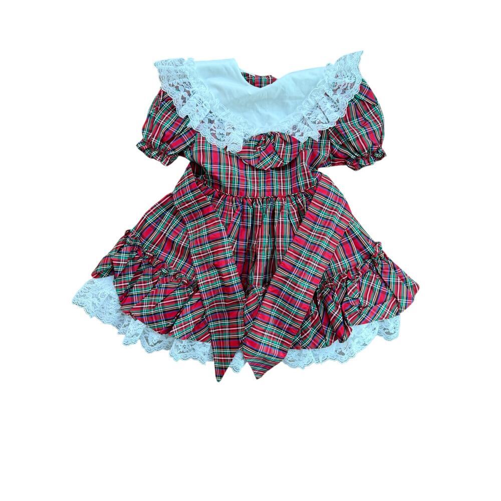Vintage Red and Green Plaid Lace-Trim Kids Casual Dress